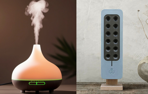 A humidifier producing mist next to a TEQOYA air ionizer